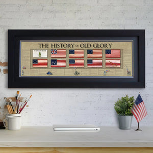 The History of Old Glory - Framed 2” Black Double Matted, Flat Molding 11 ¾" x 36"