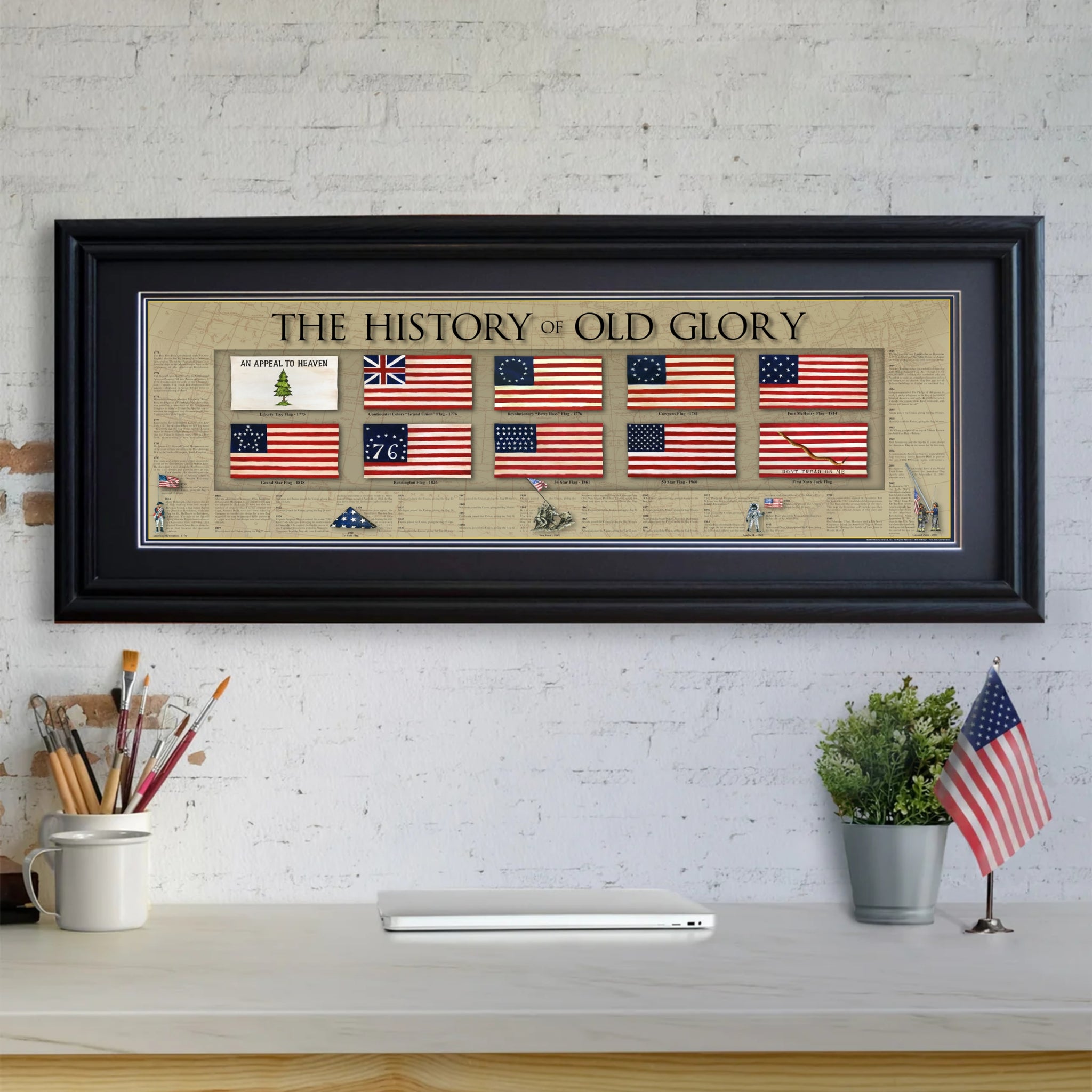 The History of Old Glory - Framed 2” Black Double Matted, Grooved Molding 11 ¾" x 36”