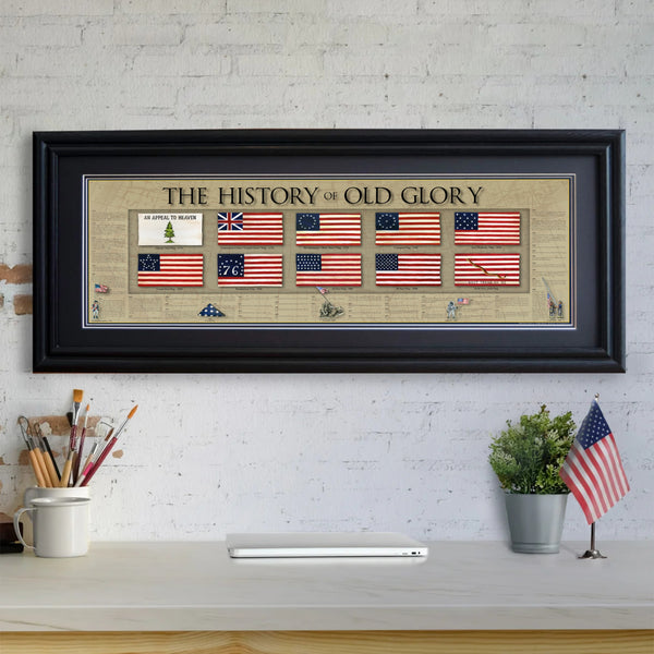 The History of Old Glory - Framed 2” Black Double Matted, Grooved Molding 11 ¾" x 36”