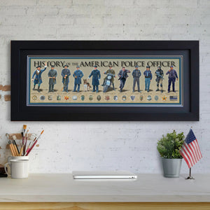 History of the American Police Officer - Framed 2” Black Double Matted, Flat Molding 11 ¾" x 36"