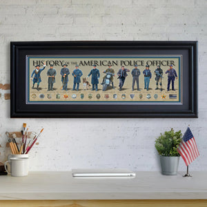 History of the American Police Officer - Framed 2” Black Double Matted, Grooved Molding 11 ¾" x 36"