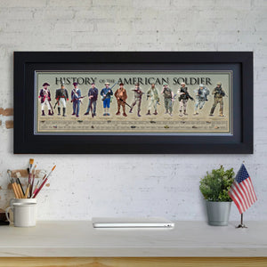 History of the American Soldier - Framed 2” Black Double Matted, Flat Molding 11 ¾" x 36"