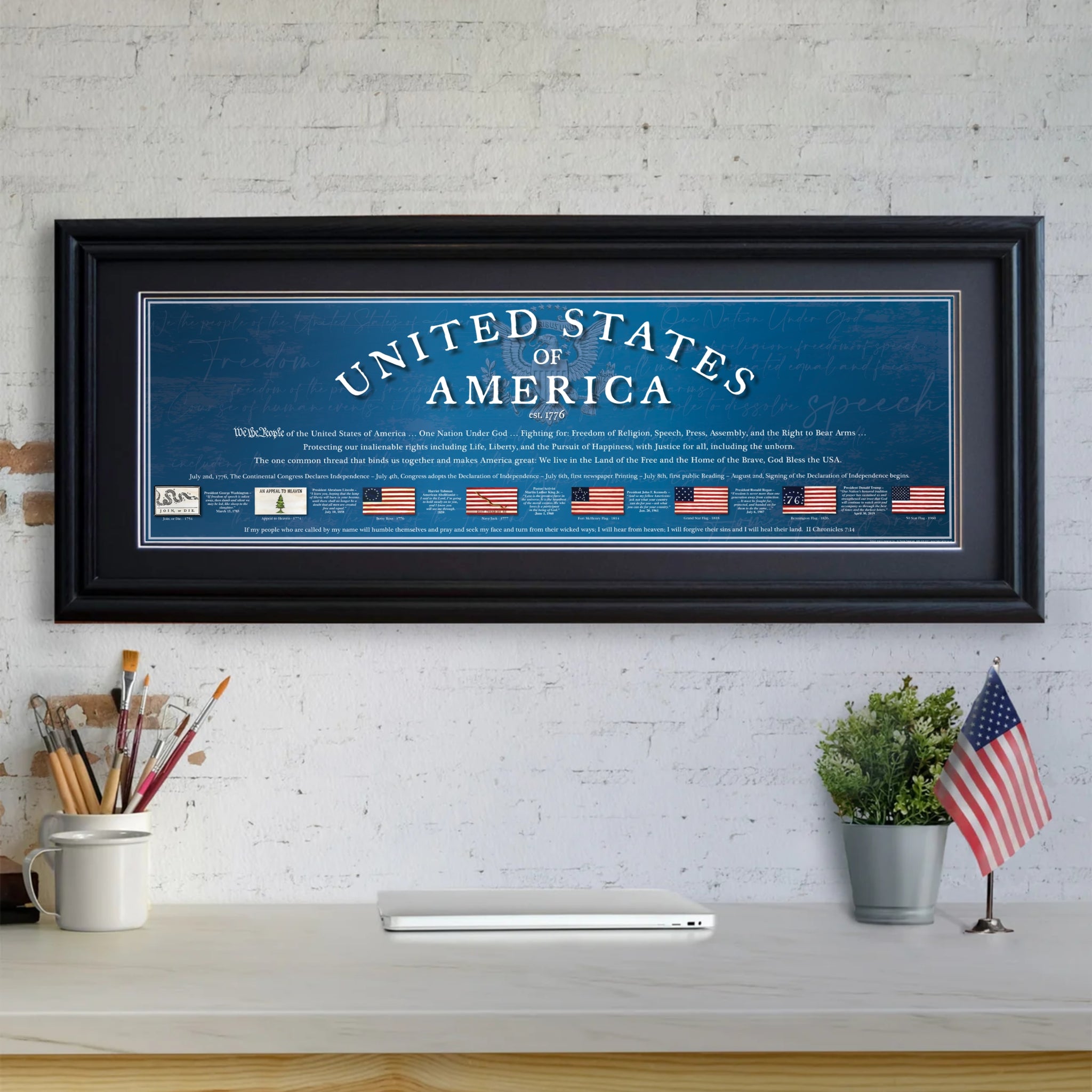 USA 1776 - Framed 2” Black Double Matted, Grooved Molding 11 ¾" x 36”