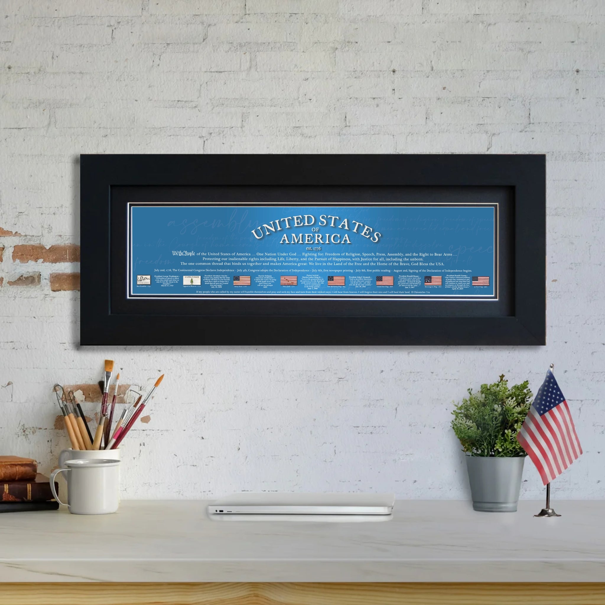 USA 1776 - Framed 2” Black Double Matted, Flat Molding 6" x 24”