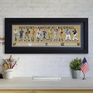 History of American Baseball - Framed 2” Black Double Matted, Flat Molding 11 ¾" x 36"