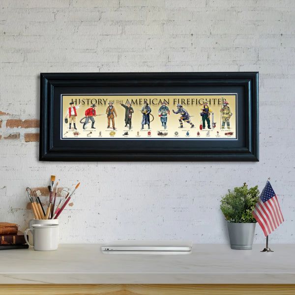History of the American Firefighter - Framed 2” Black Double Matted, Grooved Molding 6"x24”