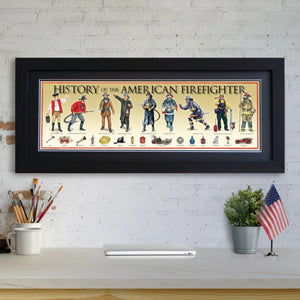 History of the American Firefighter - Framed 2” Black Double Matted, Flat Molding 11 ¾" x 36"