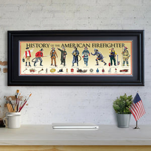History of the American Firefighter - Framed 2” Black Double Matted, Grooved Molding 11 ¾" x 36"