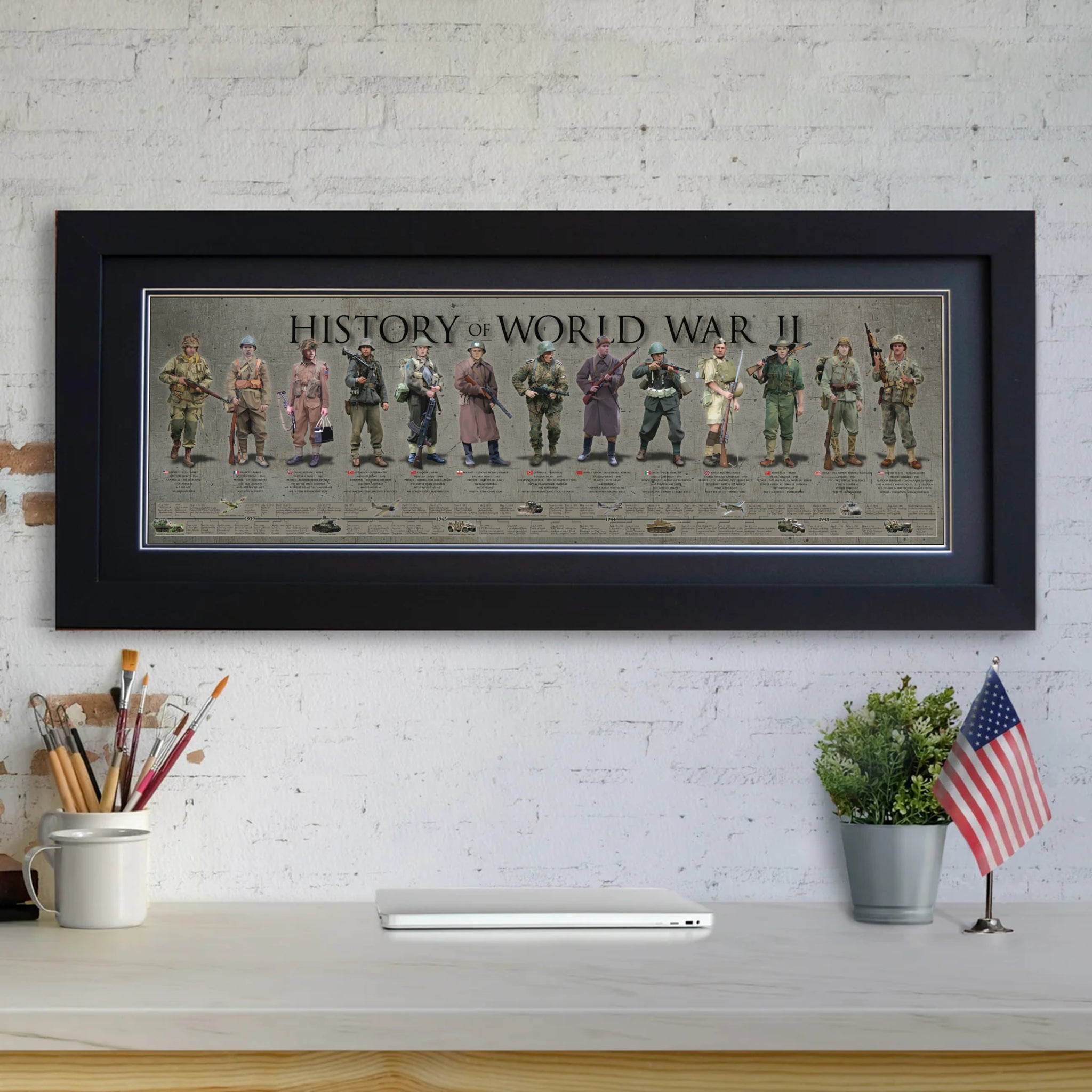 History of World War II - Framed 2” Black Double Matted, Flat Molding 11 ¾" x 36”