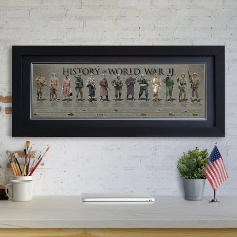History of World War II - Framed 2” Black Double Matted, Flat Molding 11 ¾" x 36”