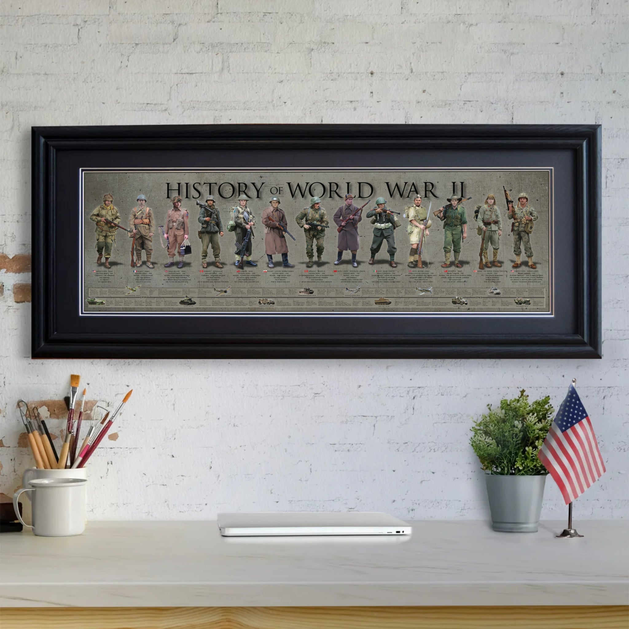 History of World War II - Framed 2” Black Double Matted, Grooved Molding 11 ¾" x 36”