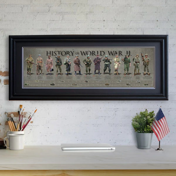 History of World War II - Framed 2” Black Double Matted, Grooved Molding 11 ¾" x 36”