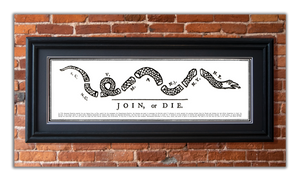 Join or Die - Framed 2” Black Double Matted, Grooved Molding 11 ¾" x 36"