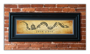 Join or Die - Framed 2" Black Double Matted, Grooved Molding 6" x 24"