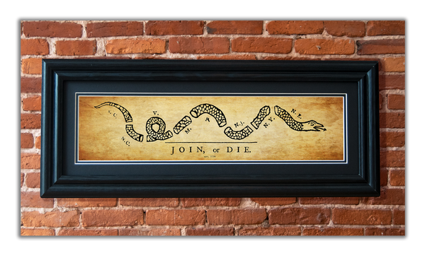 Join or Die - Framed 2” Black Double Matted, Grooved Molding 6"x24”
