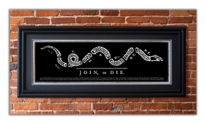 Join or Die - Framed 2” Black Double Matted, Grooved Molding 11 ¾" x 36"