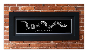 Join or Die - Framed 2" Black Double Matted, Flat Molding 6" x 24"