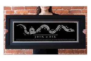Join or Die - Framed 2” Black Double Matted, Flat Molding 11 ¾" x 36"