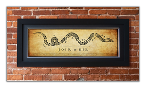 Join or Die - Framed 2” Black Double Matted, Flat Molding 11 ¾" x 36”