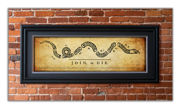 Join or Die - Framed 2” Black Double Matted, Grooved Molding 11 ¾" x 36"