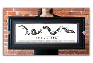 Join or Die - Framed 2” Black Double Matted, Grooved Molding 11 ¾" x 36"