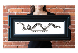 Join or Die - Framed 2" Black Double Matted, Grooved Molding 6" x 24"
