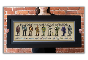 History of the American Aviator - Framed 2” Black Double Matted, Flat Molding 11 ¾" x 36"