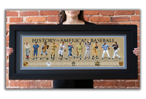 History of American Baseball - Framed 2” Black Double Matted, Flat Molding 11 ¾" x 36"
