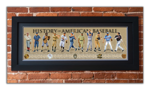 History of American Baseball - Framed 2” Black Double Matted, Flat Molding 11 ¾" x 36"
