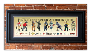 History of the American Firefighter - Framed 2” Black Double Matted, Grooved Molding 11 ¾" x 36"