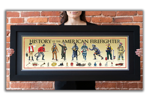 History of the American Firefighter - Framed 2” Black Double Matted, Flat Molding 11 ¾" x 36"