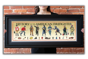 History of the American Firefighter - Framed 2” Black Double Matted, Grooved Molding 11 ¾" x 36"