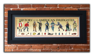 History of the American Firefighter - Framed 2” Black Double Matted, Flat Molding 11 ¾" x 36"