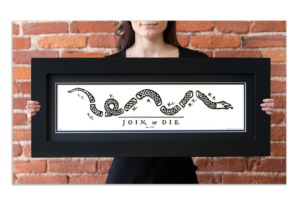 Join or Die - Framed 2” Black Double Matted, Flat Molding 6" x 24”