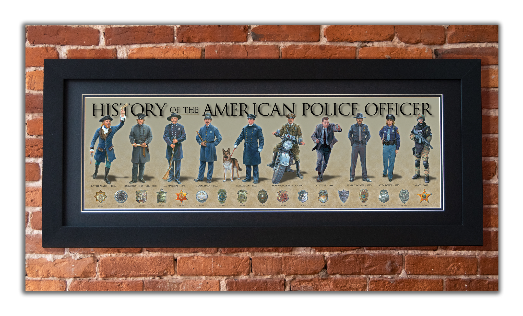 Police - Framed 2” Black Double Matted, Flat Molding 11 ¾" x 36”