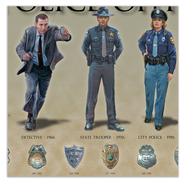 History of the American Police Officer - Framed 2” Black Double Matted, Grooved Molding 11 ¾" x 36"